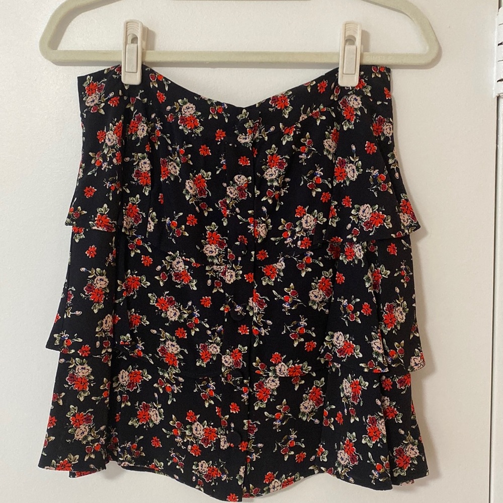 Zara Mini Skirt - Black w/ Red Flower Print - Large
